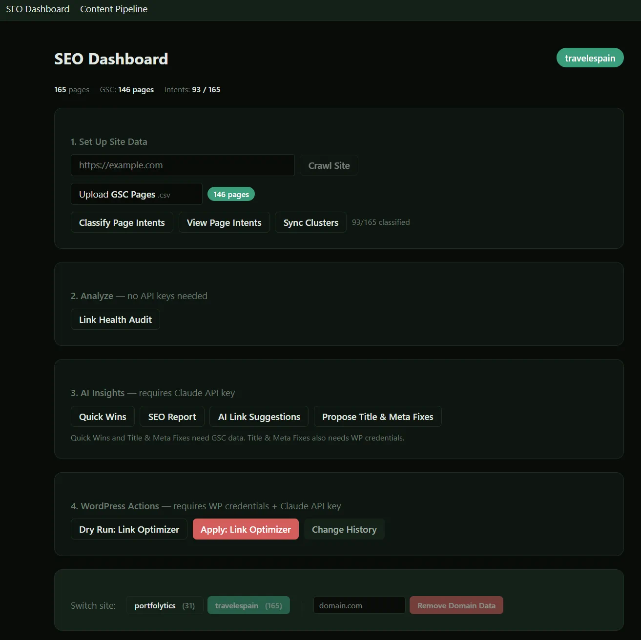 SEO Dashboard control panel: site crawl, GSC data import, search intent classification, AI analyses, and WordPress integration
