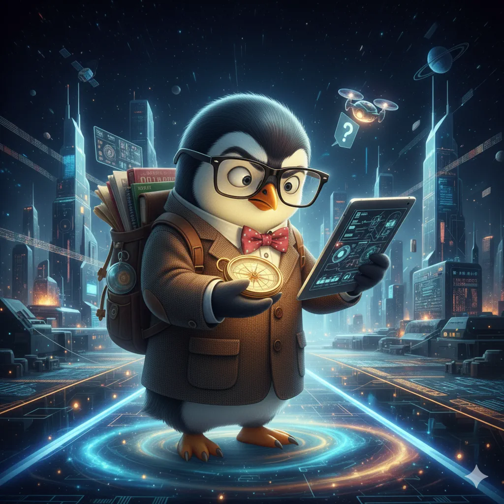 Tech Career Compass app penguin mascot with compass and tablet in a futuristic city